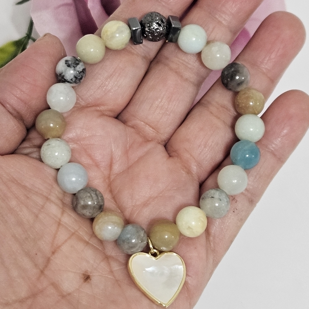Handmade Amazonite Stone Stretch Bracelet Shell Heart